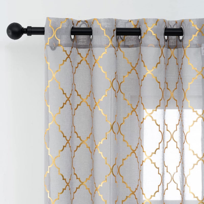 Kotile Gold Grey Sheer Curtains 84 Inches Long 2 Panels Metallic Gold Moroccan Ogee Pattern Shimmer Sheer Curtains for Bedroom, Grommet Light Filtering Privacy Sheer Window Curtains, W52 x L84 Inch - Image 1